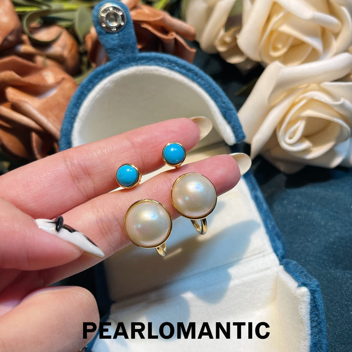 [Designer's Choice] Ocean Split Mabe Pearl Meets Turquoise Earrings & Rings Silver w/ Gold