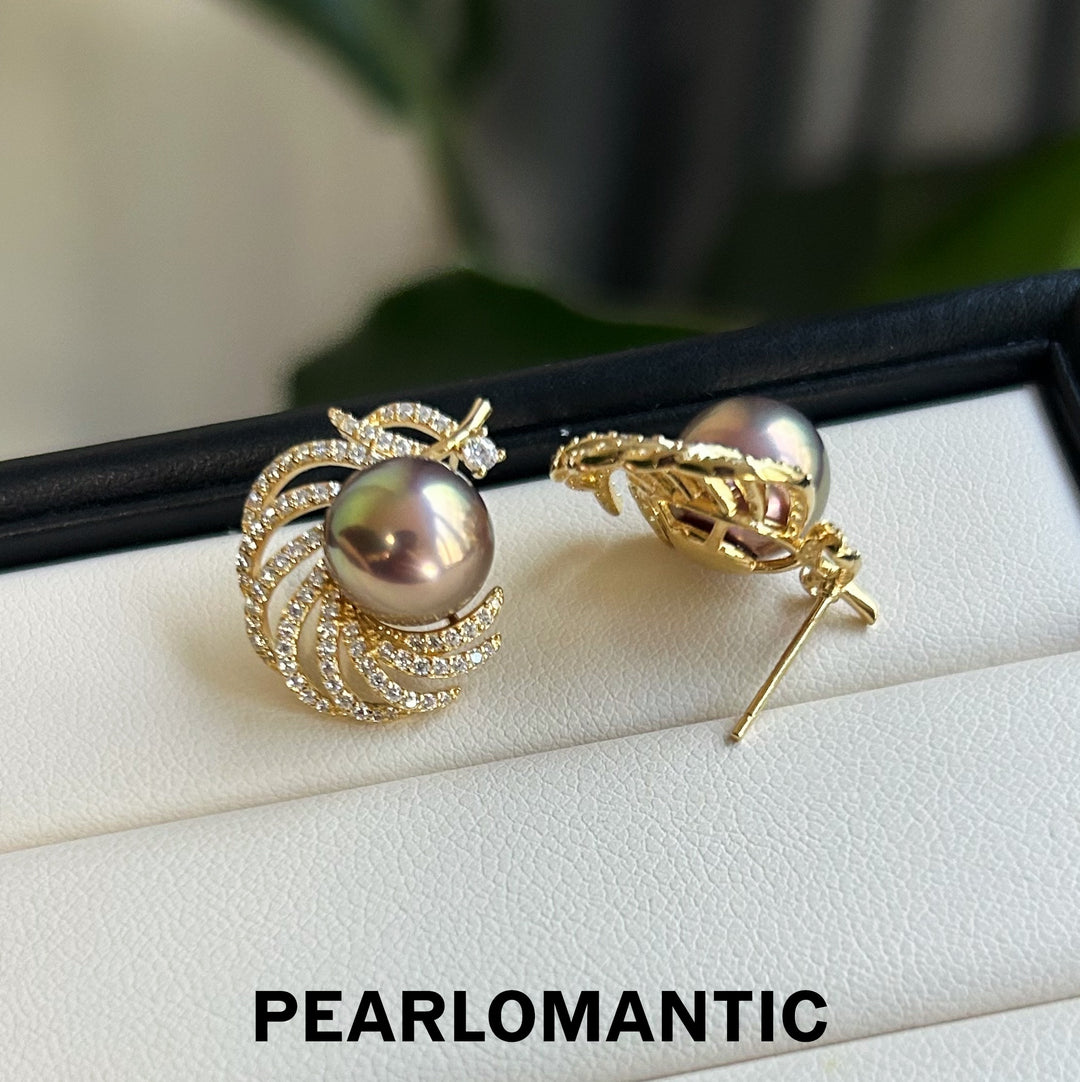 [Designer's Choice] Freshwater Pearl Rare Color Iron Feather Earring Studs w/ S925