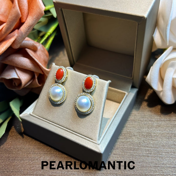 [Designer's Choice] Aka Coral 1.6ct & Saltwater Mabe Pearl Earring Studs