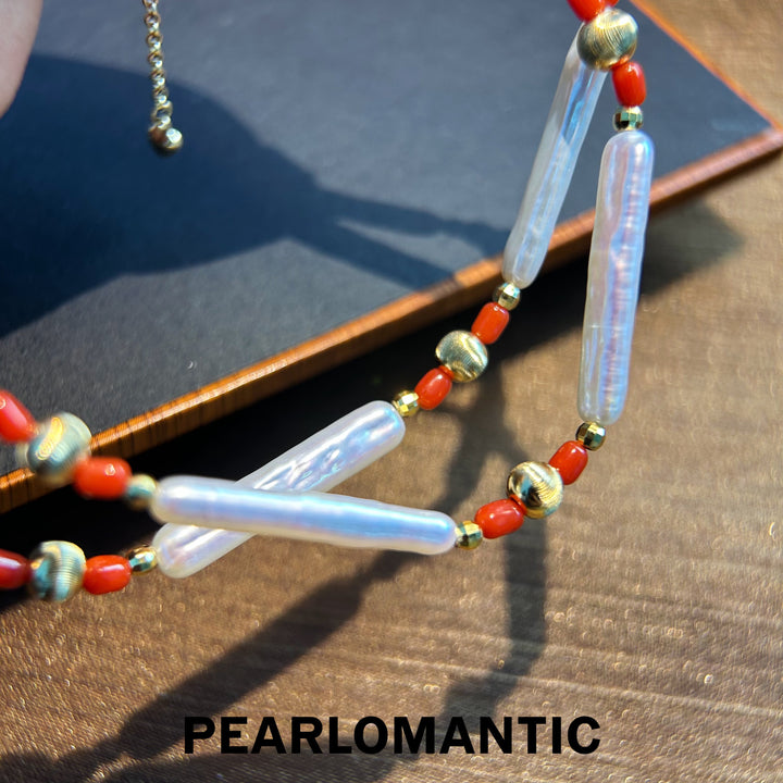 [Designer's Choice] Freshwater Pearl & Coral Scarlet Harmony Necklaces w/ S925 Silver