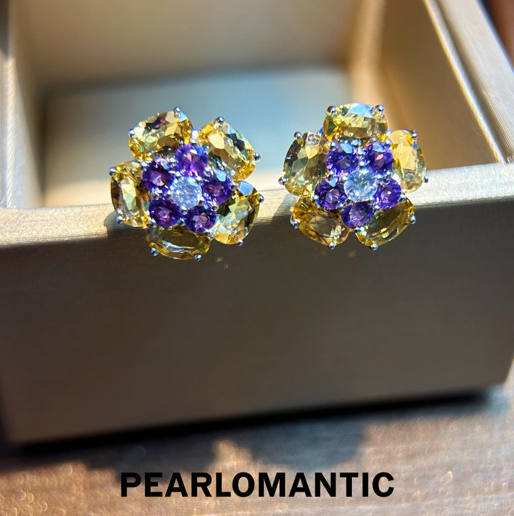 [Designer's Choice] Citrine & Amethyst Masterfully Made Italy S925 Floral Ear Studs