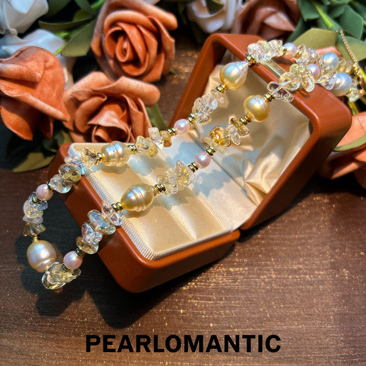 [Designer's Choice] Tri-Pearls One-of-Kind Golden Sunlight Adjustable Necklace w/ Silver