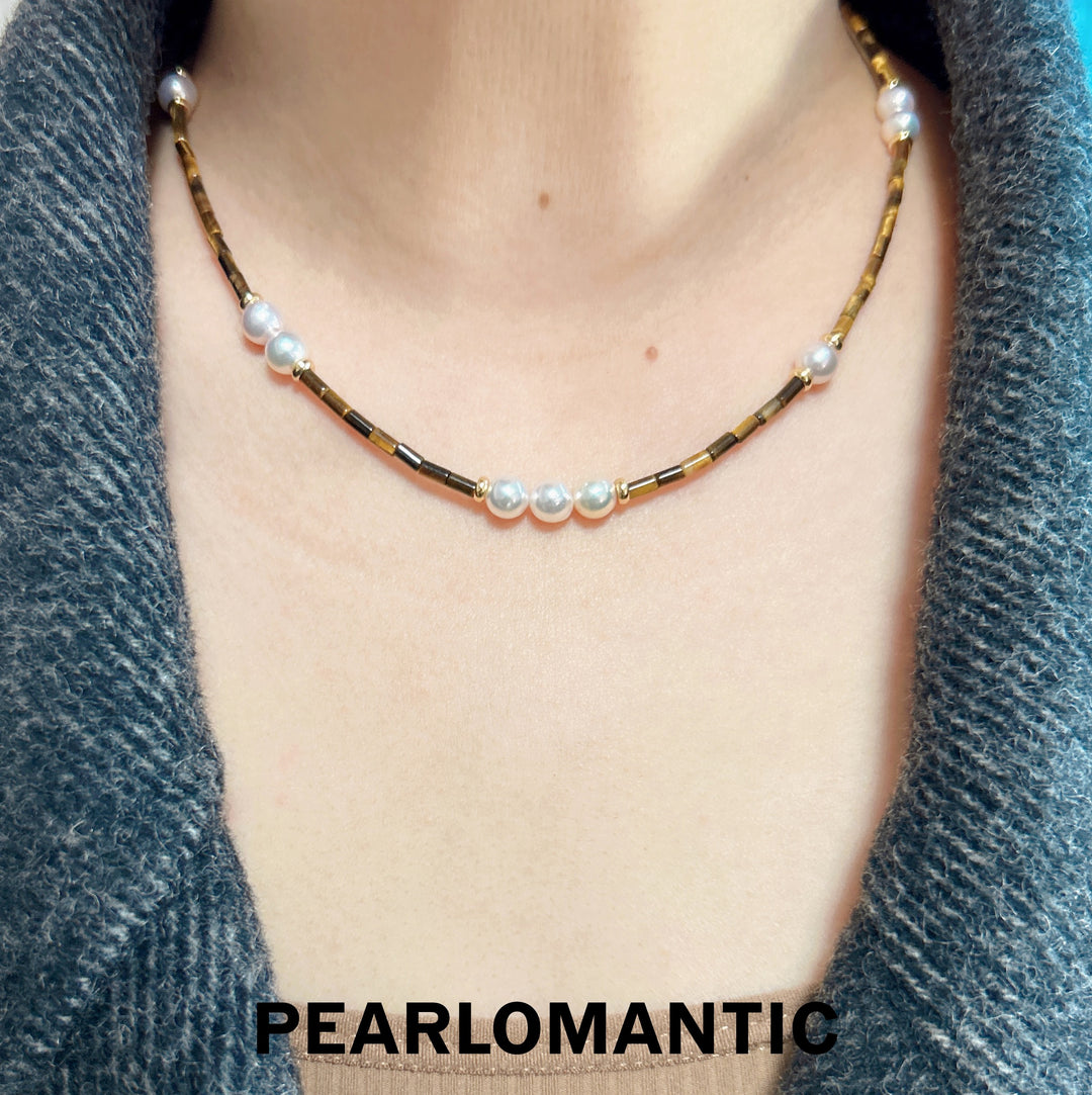 [Designer's Choice] Akoya Pearl & Tiger Eye Striped Luster Necklace Adjustable w/ S925 Silver