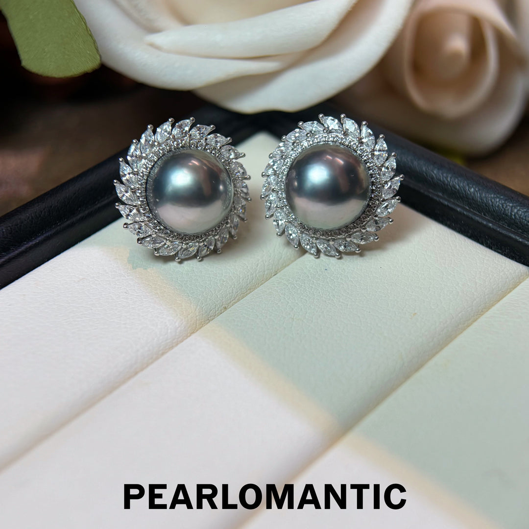 [Designer’s Choice] Moon Halo 10–11mm 4A Tahitian Pearl Platinum Gray S925 Gold-Plated Stud Earrings