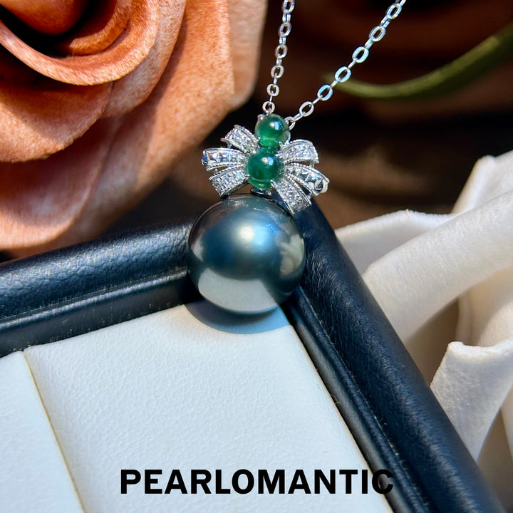[Fine Jewelry] Lustrous Tahitian Pearl Pendant with Jade - 18k Gold Bow Accent Pendants