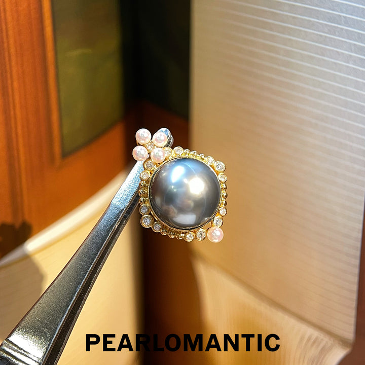 [Fine Jewelry] 18k Gold Tahitian Mabe Pearl & Akoya & Diamond Pendants w/ S925 Chain