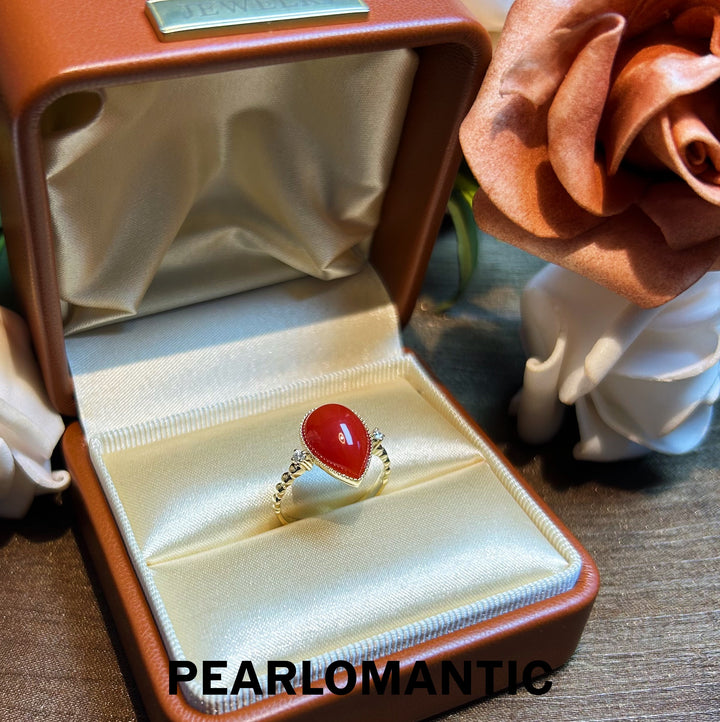 [Fine Jewelry] Red Coral Big Size 3.713ct Perfect Color Ring w/ 14k Gold & Diamonds