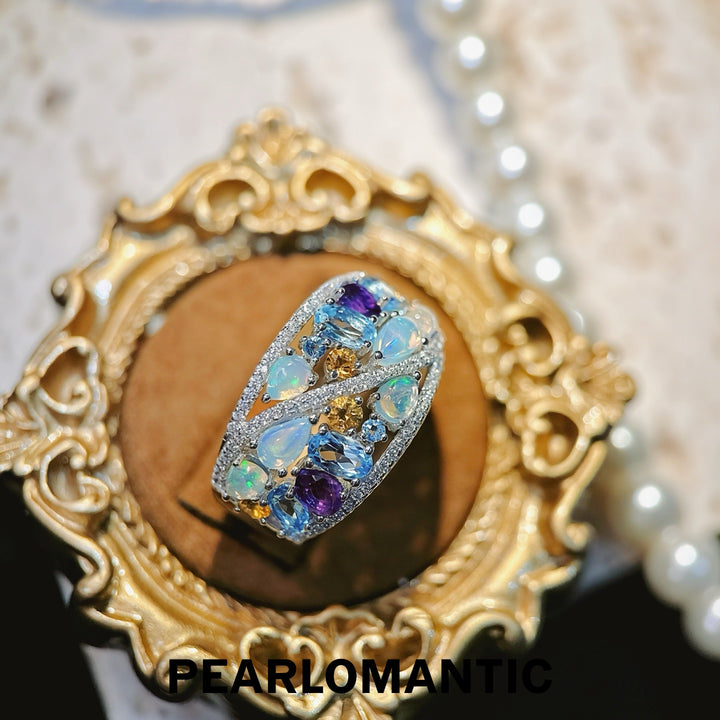 [618 Sale] Natural Opal Multi Gem Wide Band Ring w/ S925 Silver