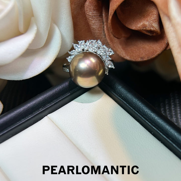 [Elección del diseñador] Anillo de perlas metálicas raras de emperatriz de bronce único de 12.4 mm con plata S925