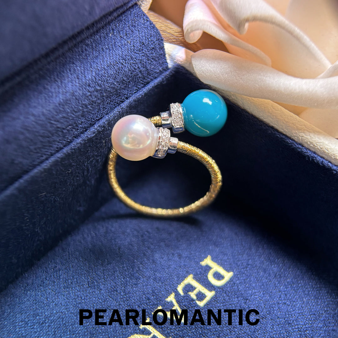 [Designer’s Choice] Ocean Duo 8–8.5mm Turquoise &amp; Akoya Pearl Gold-Plated Open Bangle