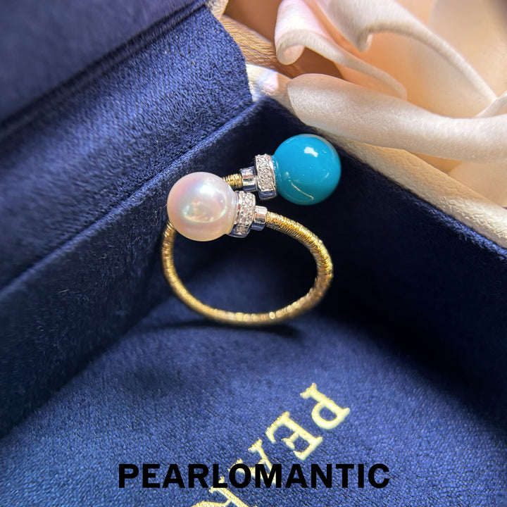 [Designer’s Choice] Ocean Duo 8–8.5mm Turquoise &amp; Akoya Pearl Gold-Plated Open Bangle