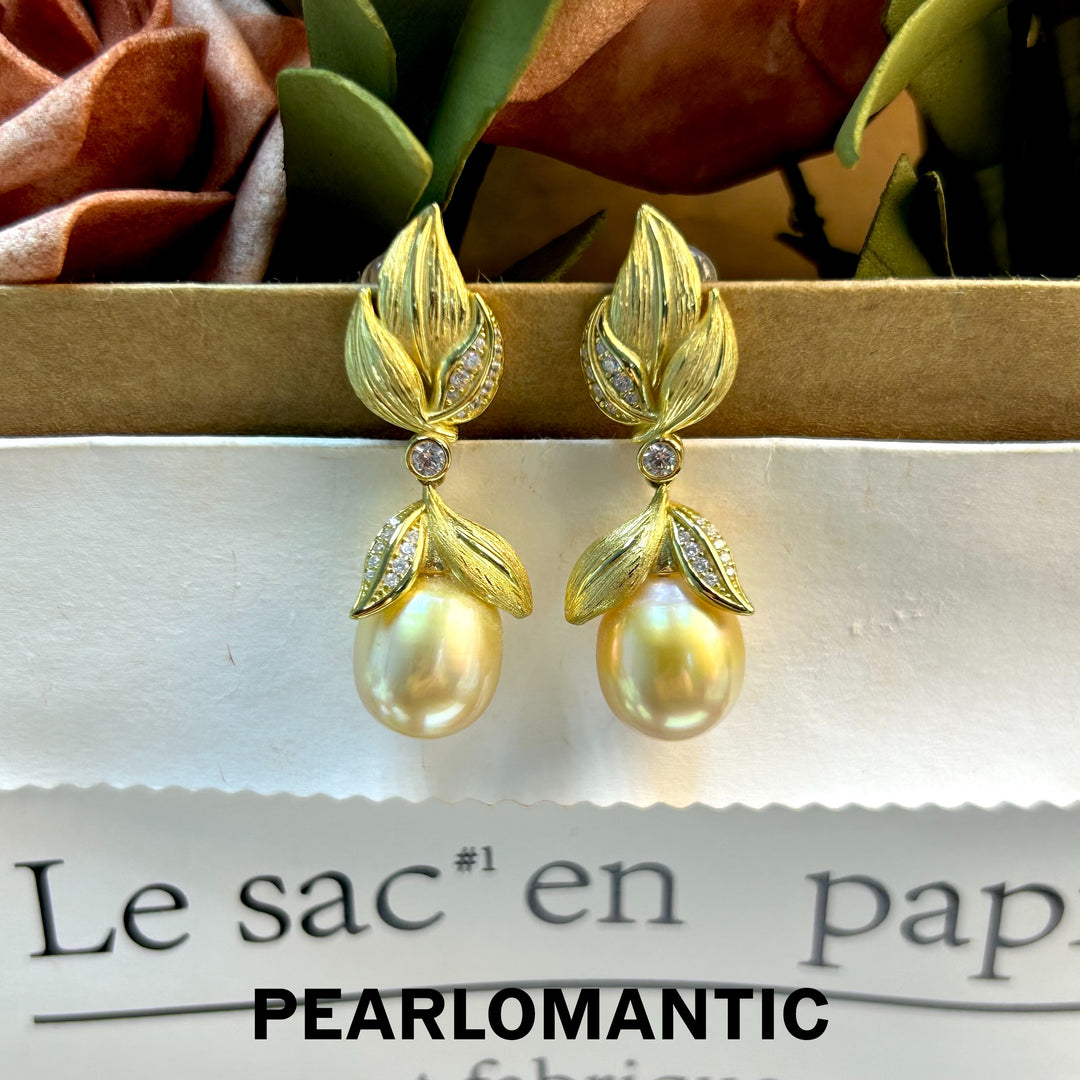 [Designer's Choice] South Sea Golden Pearl 11*13 Buccellati Style Earring Studs & S925 w/ Gold Plated