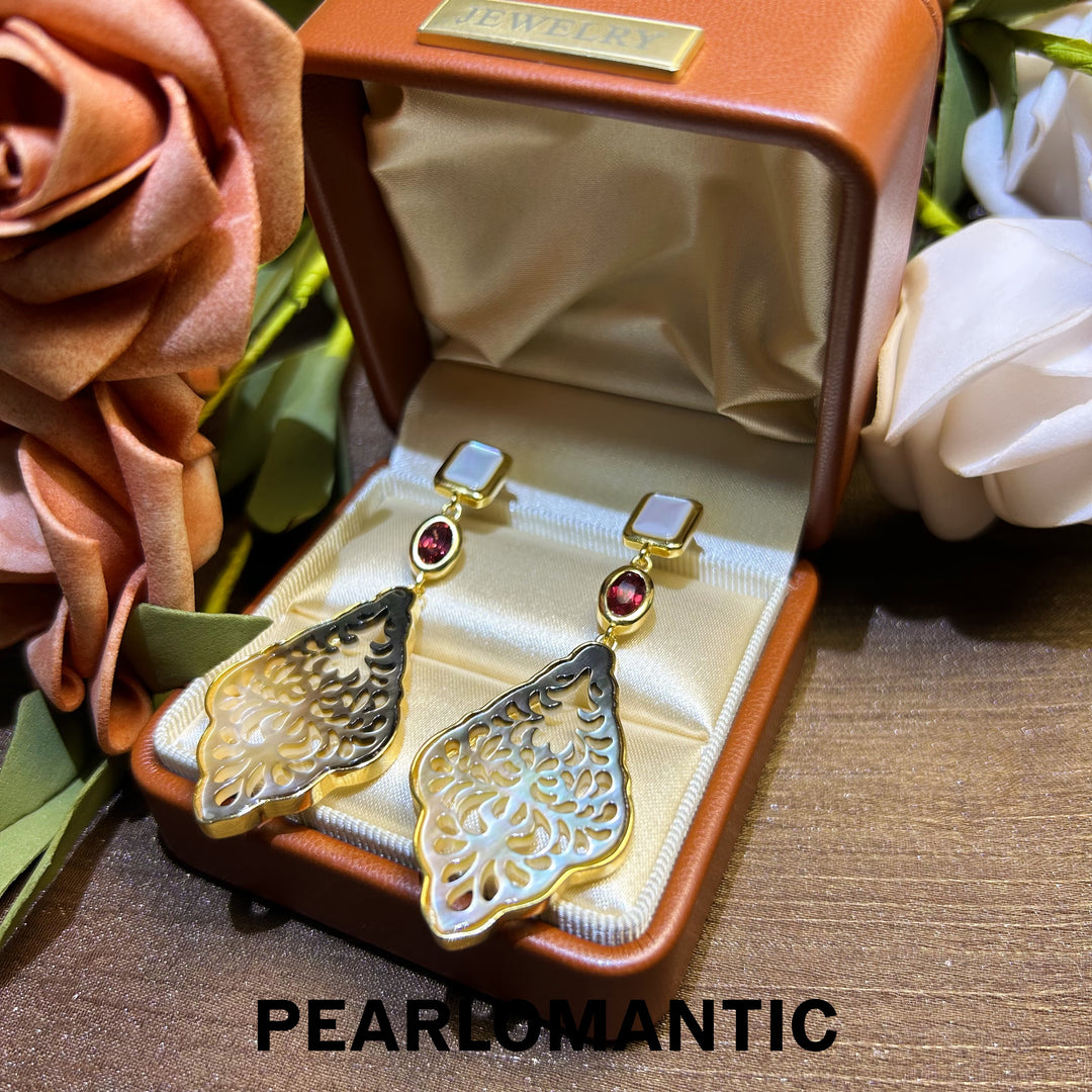 [Everyday Essnetials] Garnet w/ Black & White MOP Fancy Earring Studs