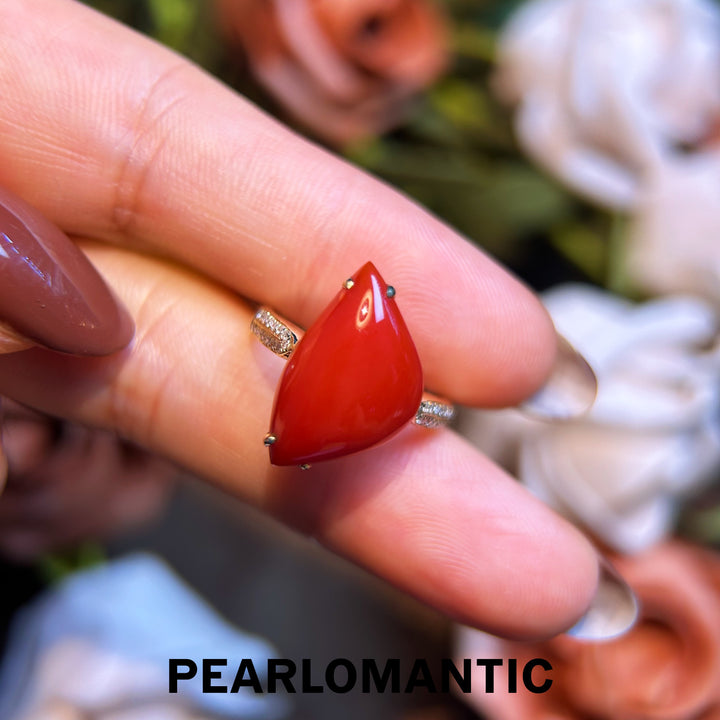 [Fine Jewelry] Red Coral Big Size 6.26ct Unique Design Ring w/ 14k Gold & Diamonds