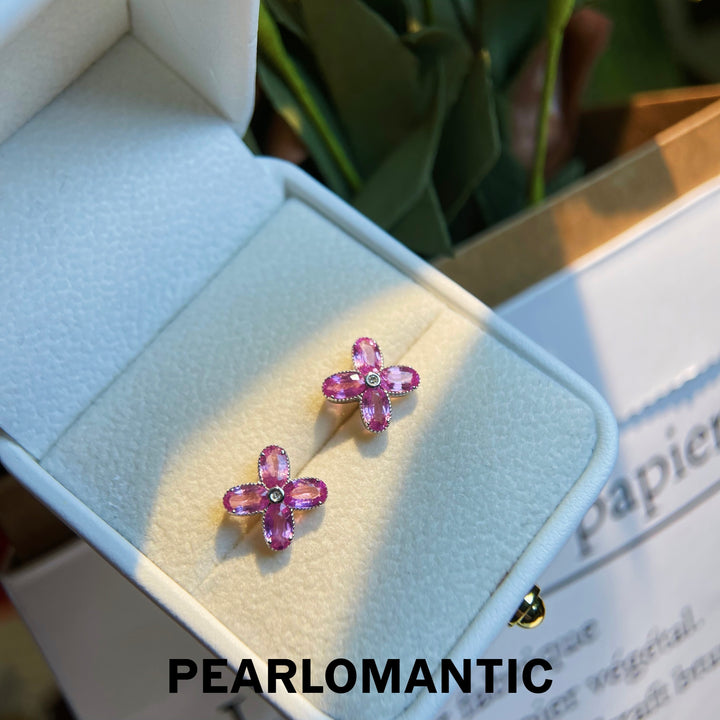 [Fine Jewelry] 18k Gold & Diamond & Natural Pink Sapphire 4-Leaf Lucky Design Earrings