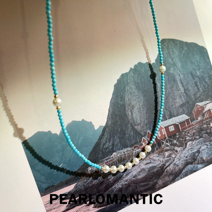 [Fine Jewlery] Japan-Made 18k Gold & Turquoise & Freshwater Pearl Necklace