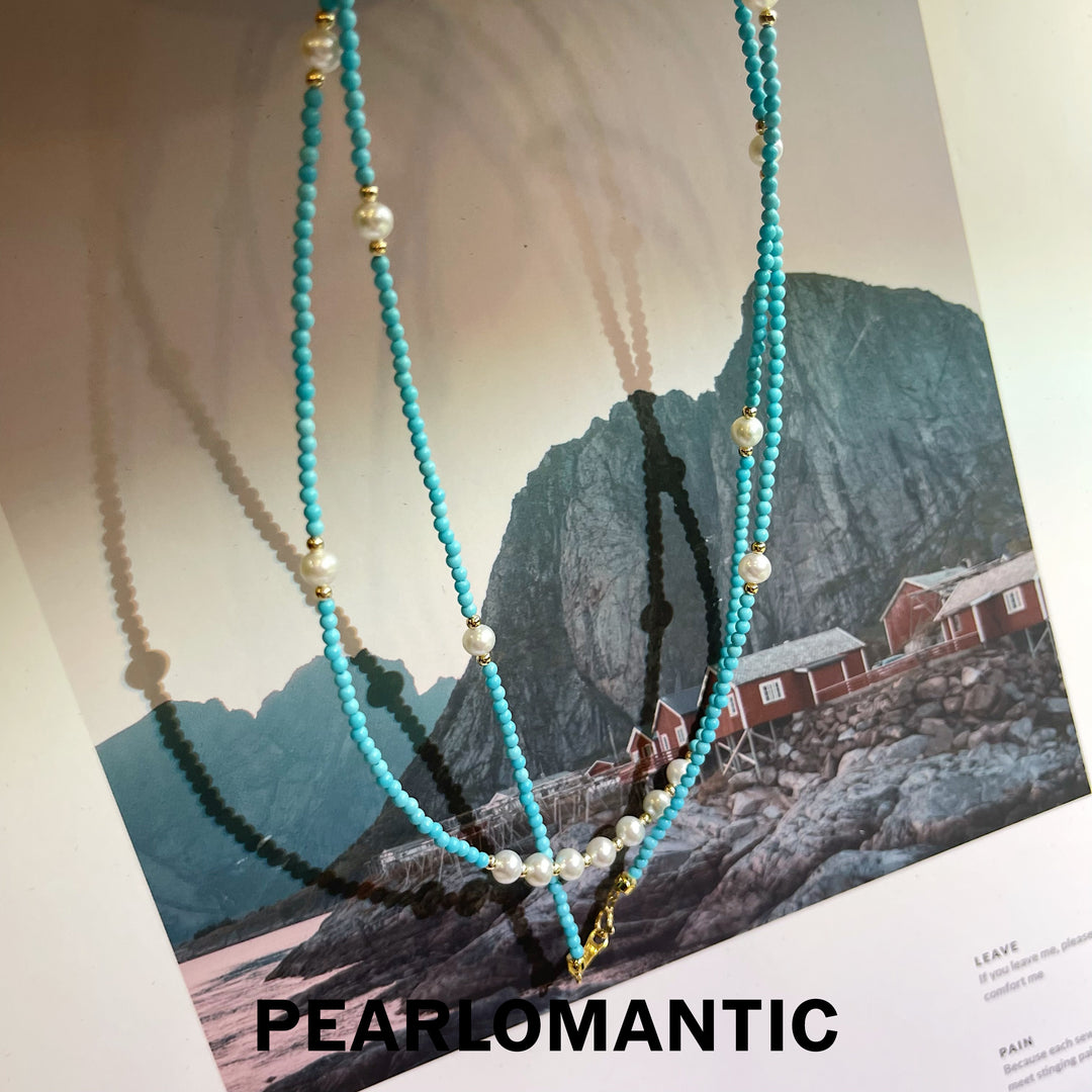 [Fine Jewlery] Japan-Made 18k Gold & Turquoise & Freshwater Pearl Necklace