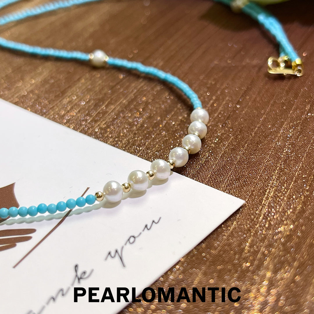 [Fine Jewlery] Japan-Made 18k Gold & Turquoise & Freshwater Pearl Necklace