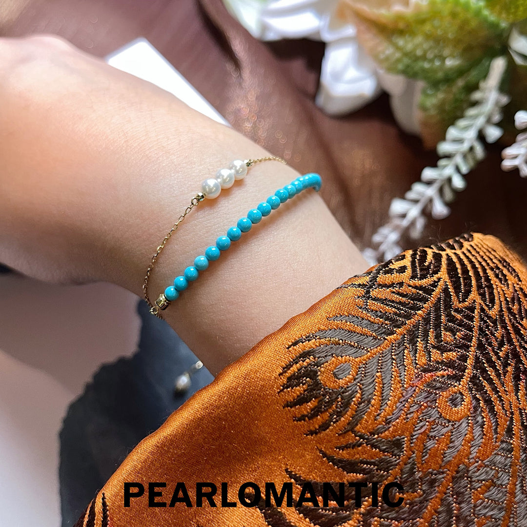 [Fine Jewelry] 18k Gold & Turquoise & Akoya Double-Layer Adjustable Bracelets