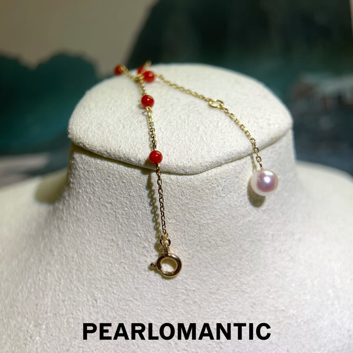 [Fine Jewelry] Japanese Aka Coral & Akoya Pearl & 10k Gold Adjustable Bracelets