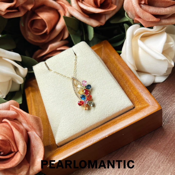 [Fine Jewelry] 18k Gold Multicolored Sapphires Glamour Blossom Pendants w/ Adjustable Chain