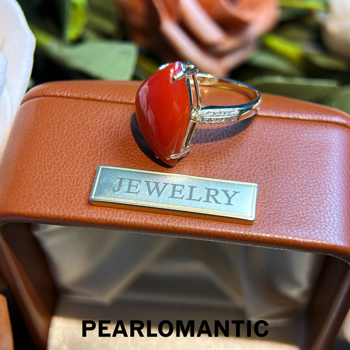 [Fine Jewelry] Red Coral Big Size 6.26ct Unique Design Ring w/ 14k Gold & Diamonds
