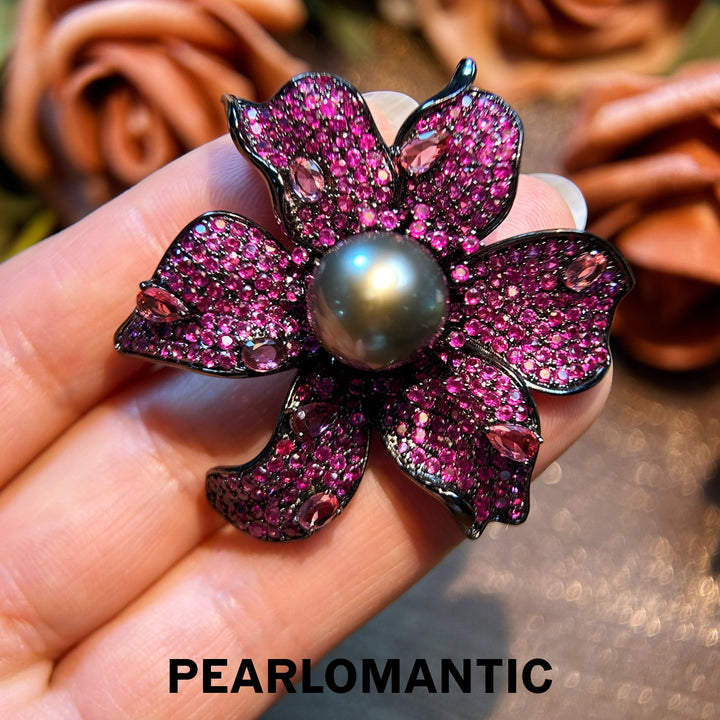 [Designer's Choice] Tahitian Platinum Gray Rare Color Pearl Dark Rose Brooches