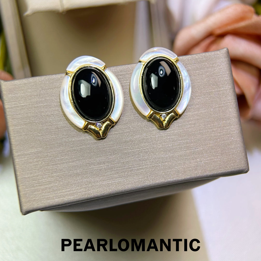 [618 Sale] Black Agate White MOP Oval Frame Earrings w/ S925 Silver