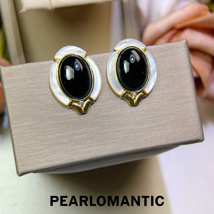 [618 Sale] Black Agate White MOP Oval Frame Earrings w/ S925 Silver