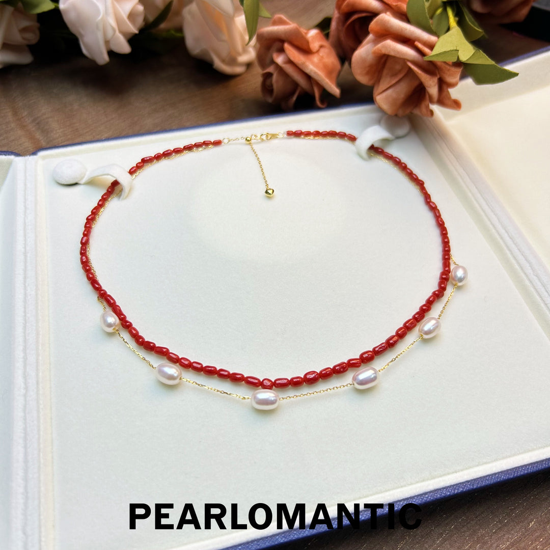 [Designer's Choice] Freshwater Pearl & Coral Multi-Sizes Double-Layer Necklaces w/ S925