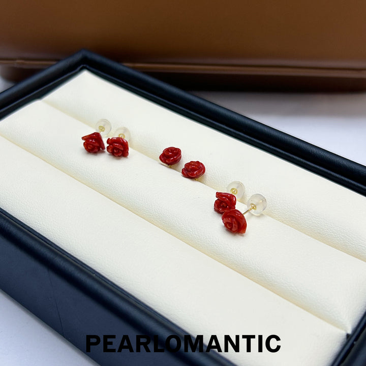 [Fine Jewelry] 18k Gold & Aka Coral Red Roses Design Earrings