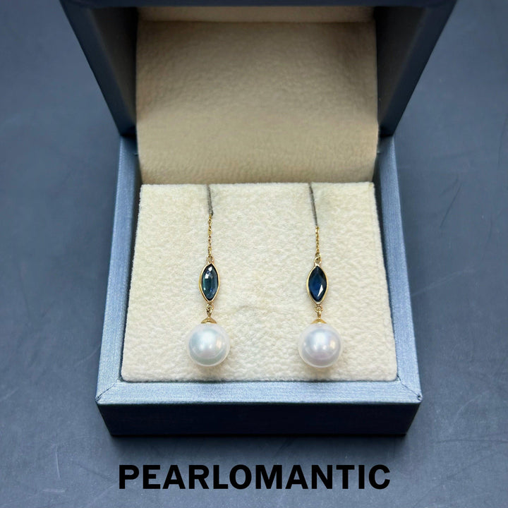 [Fine Jewelry] Akoya Hanadama Pearl 8-8.5mm Earrings w/ Sapphire & 18k Gold