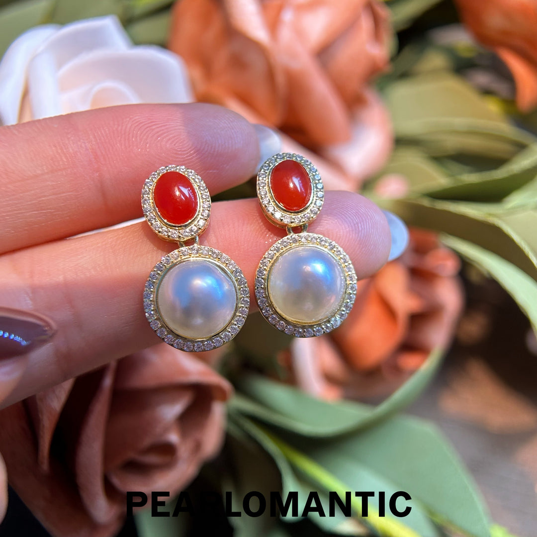 [Designer's Choice] Aka Coral 1.6ct & Saltwater Mabe Pearl Earring Studs