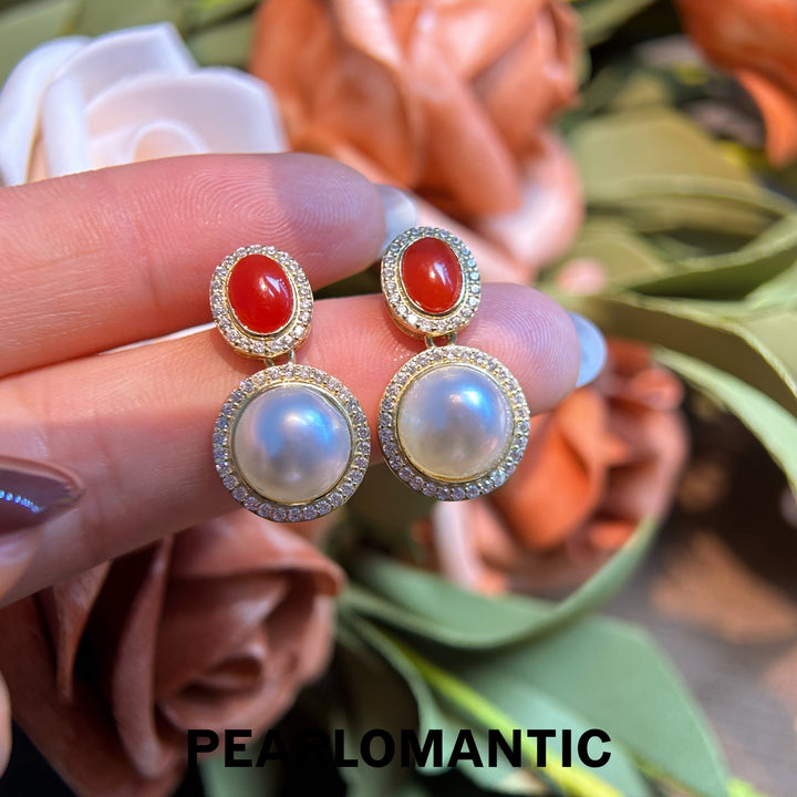 [Designer's Choice] Aka Coral 1.6ct & Saltwater Mabe Pearl Earring Studs