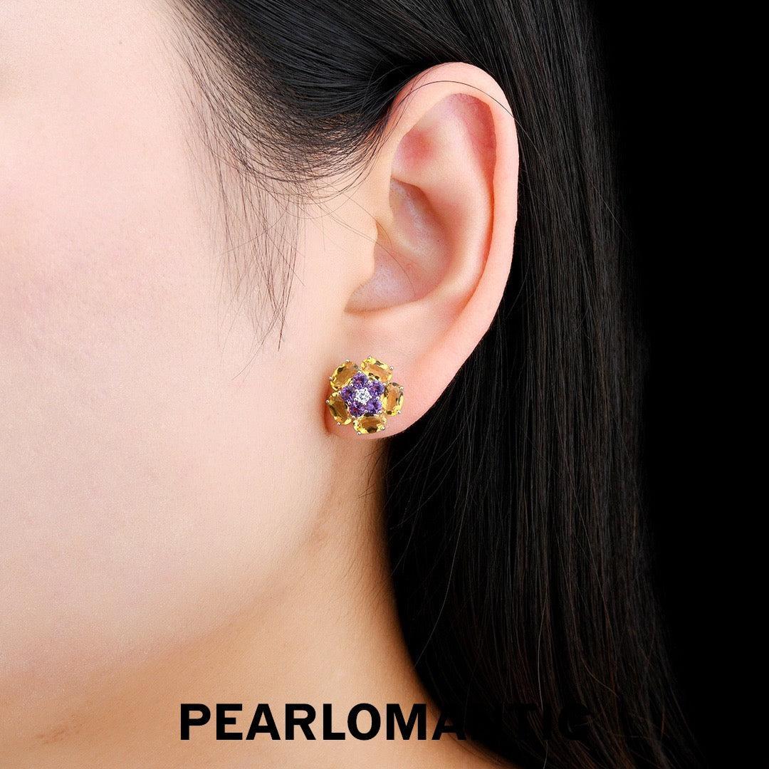 [Designer's Choice] Citrine & Amethyst Masterfully Made Italy S925 Floral Ear Studs