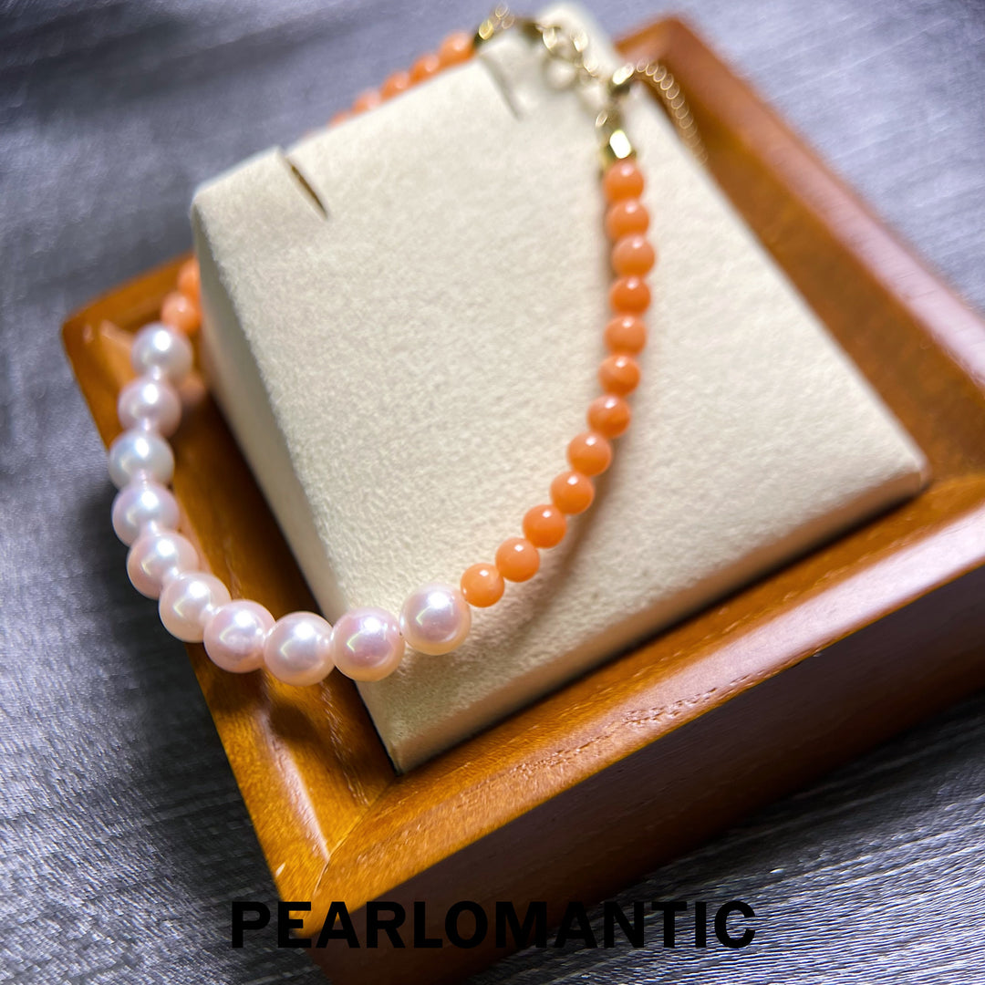 [Fine Jewelry] Akoya 6mm Pearl & 3mm Pink Coral & 18k Gold Bracelets