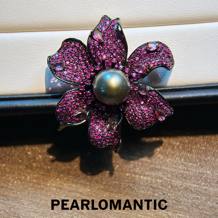 [Designer's Choice] Tahitian Platinum Gray Rare Color Pearl Dark Rose Brooches
