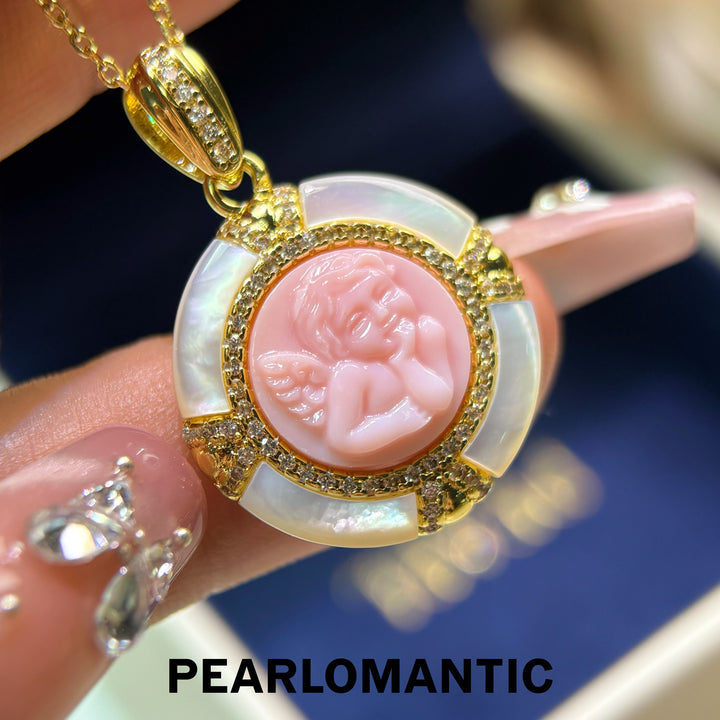 [Everyday Essentials] Angel Cameo Carved Conch Shell &amp; MOP Gold-Plated Pendant