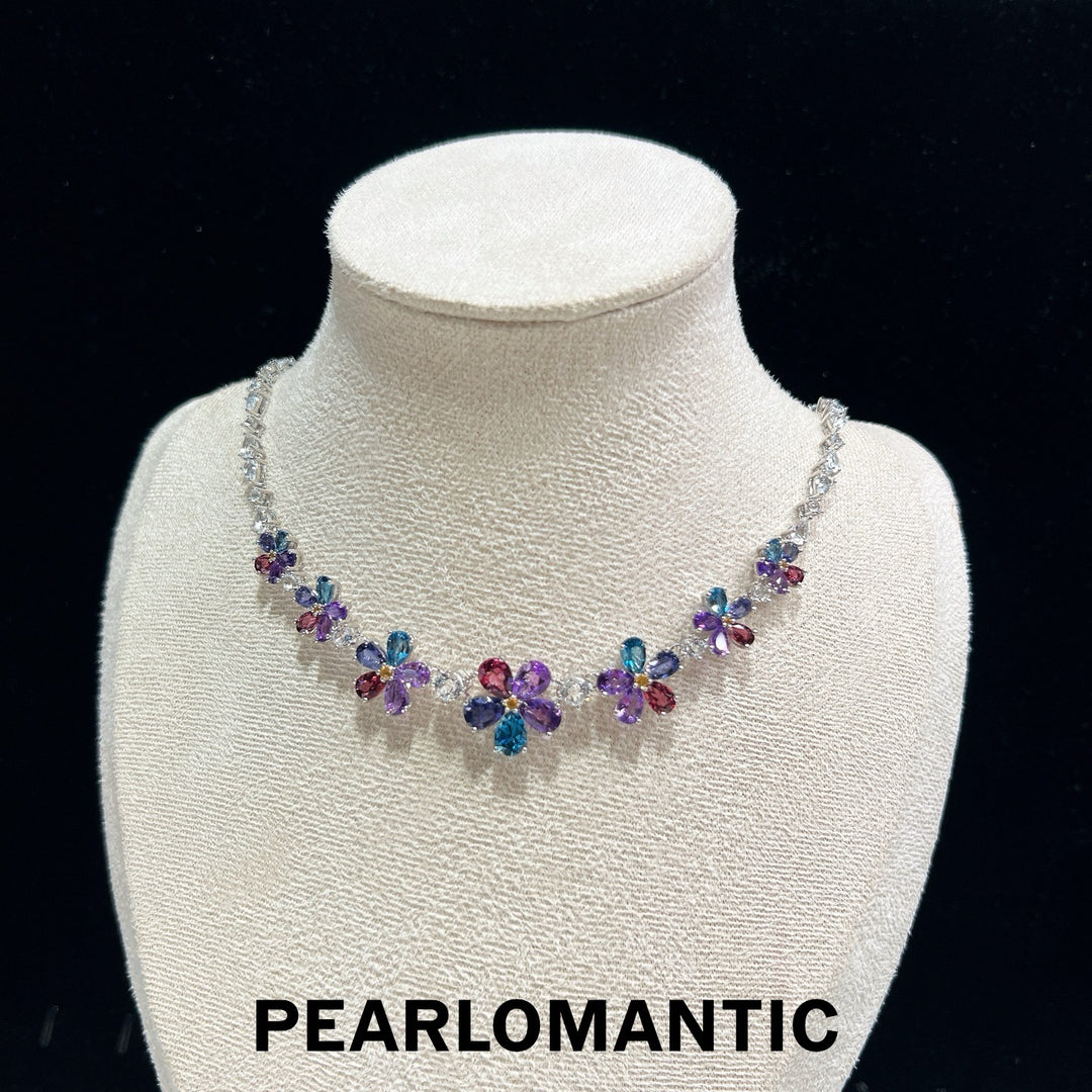 [Designer’s Choice] Rainbow Garden Natural Multi-Gemstone Floral Necklace in S925 Silver
