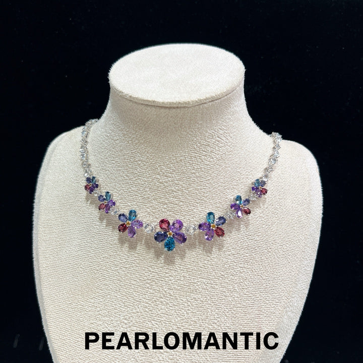 [Designer’s Choice] Rainbow Garden Natural Multi-Gemstone Floral Necklace in S925 Silver