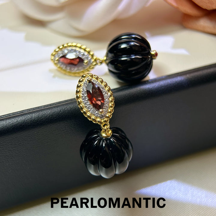 [618 Sale] Black Agate Pumpkin Cut Drop Earrings w/ S925 Silver