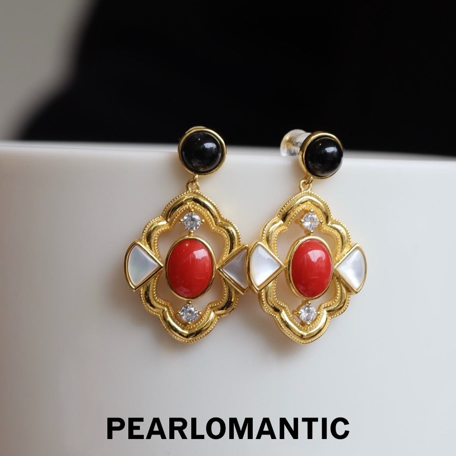 [Designer’s Choice] Coral Court Italian Coral Black Onyx MOP S925 Gold-Plated Earrings