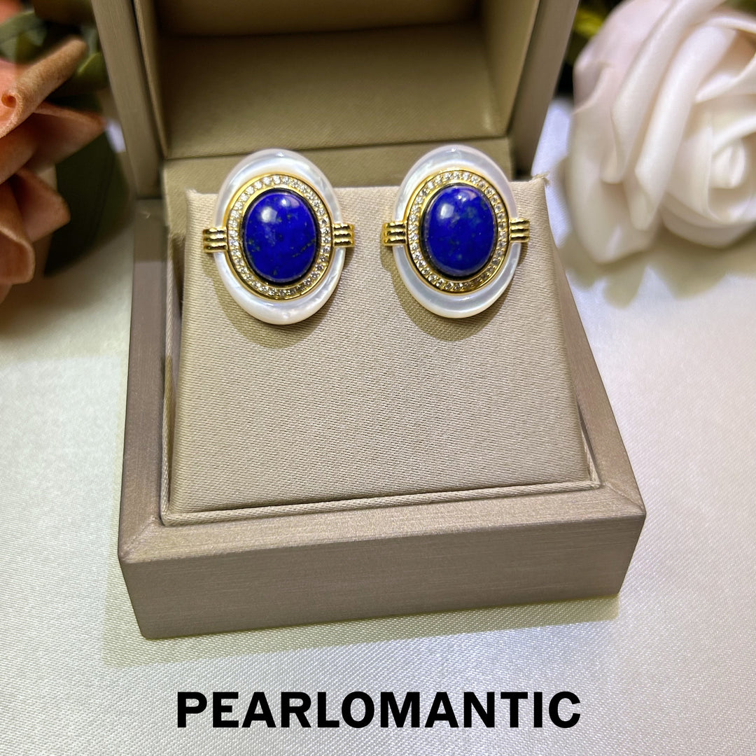 [618 Sale] Royal Blue Lapis MOP Oval Halo Earrings w/ S925 Silver