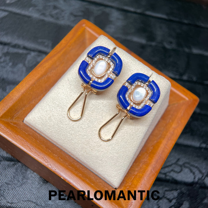 [618 Sale] Natural Lapis Lazuli Blue Frame MOP Stud Earrings w/ S925 Silver
