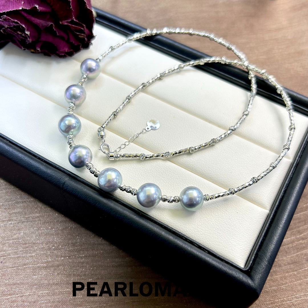 [Designer's Choice] Akoya Silve Blue Color Pearl Spaced Design Necklace & S925 Silver