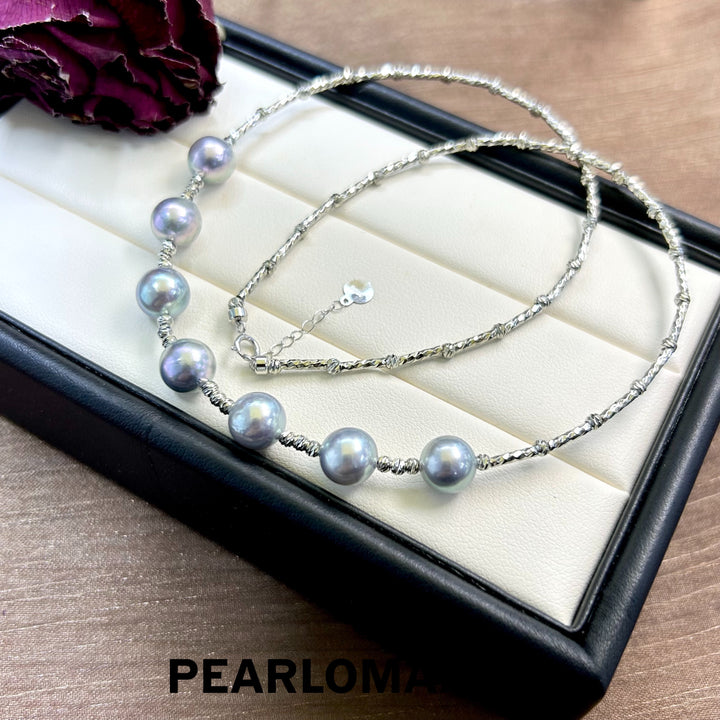 [Designer's Choice] Akoya Silve Blue Color Pearl Spaced Design Necklace & S925 Silver