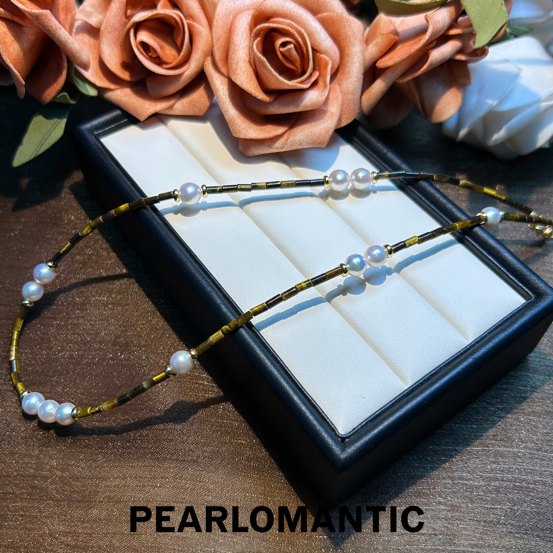 [Designer's Choice] Akoya Pearl & Tiger Eye Striped Luster Necklace Adjustable w/ S925 Silver