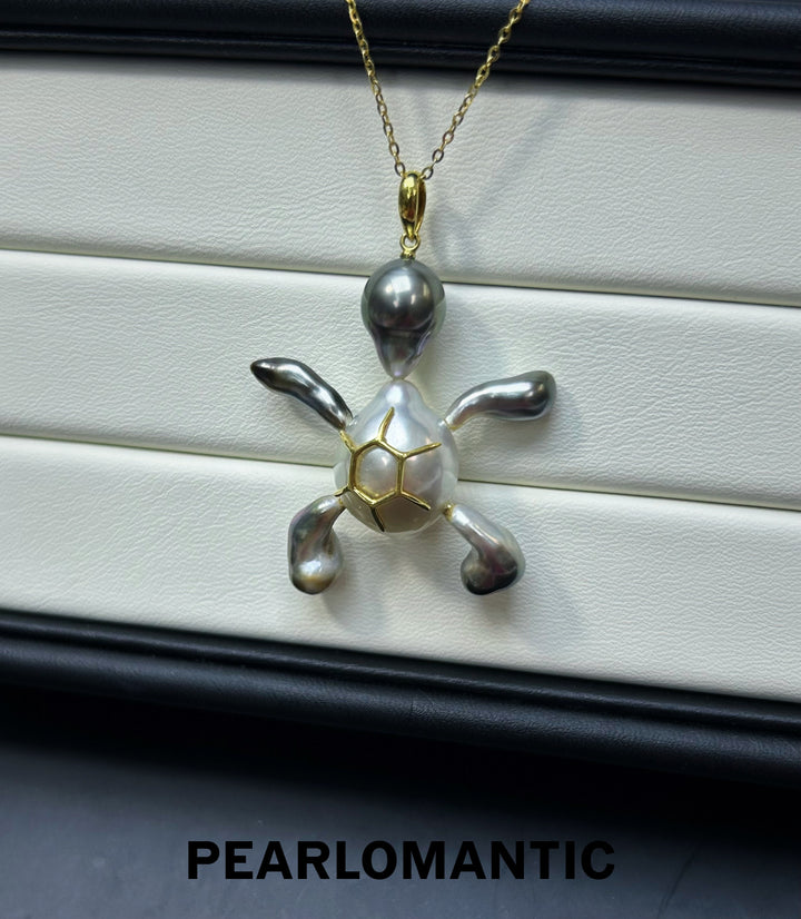 [Fine Jewelry] Japan Made Tahitian Keshi Lucky Turtle Design Pendant w/ 18k Gold