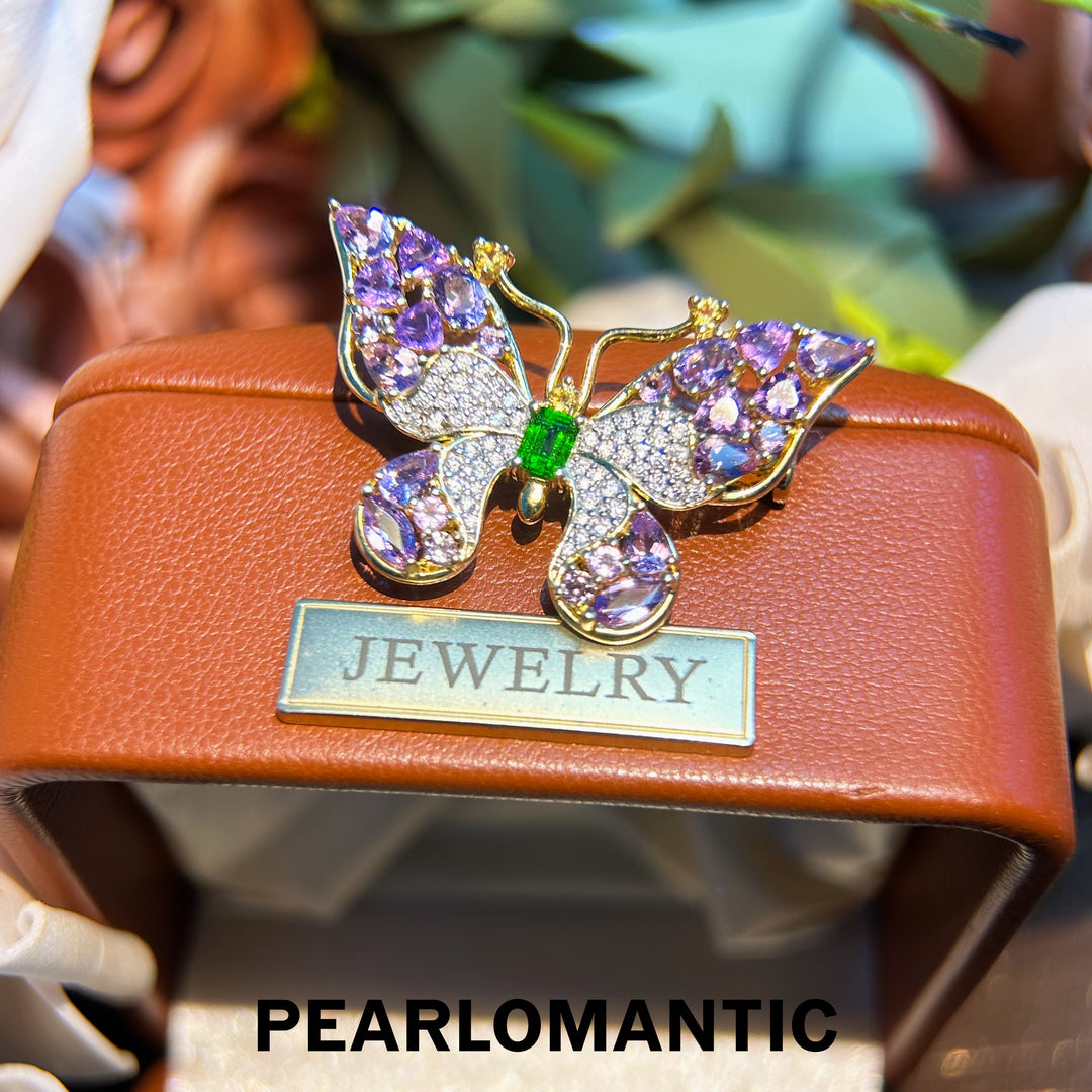 [Designer's Choice] Gorgeous S925 Butterfly Brooch 2.2ct Amethyst and Diopside Inlay