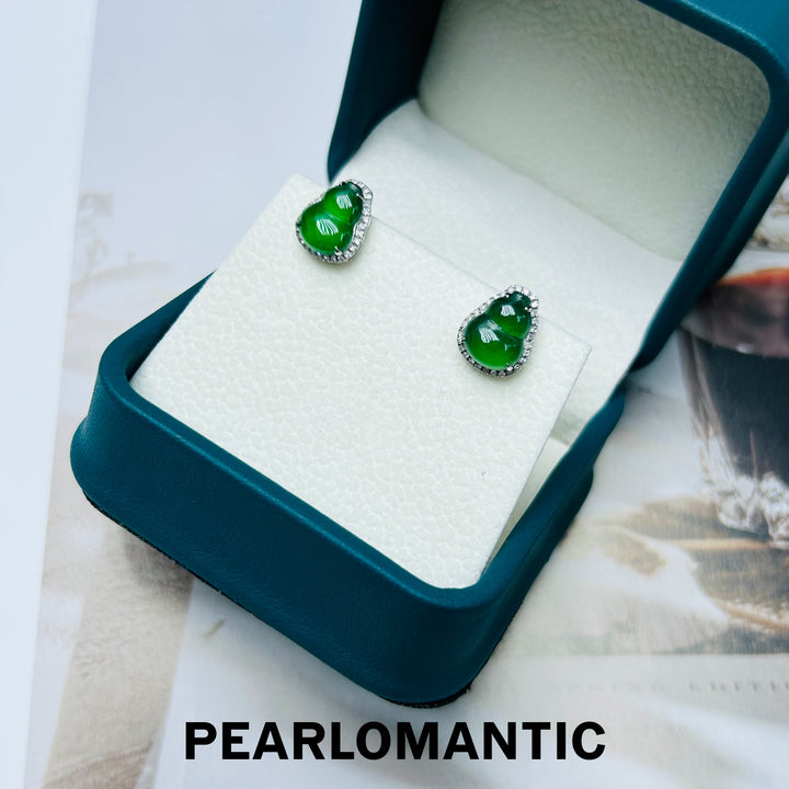 [Fine Jewelry] 18k White Gold & Diamond & Jade Hulu Design Earring Studs